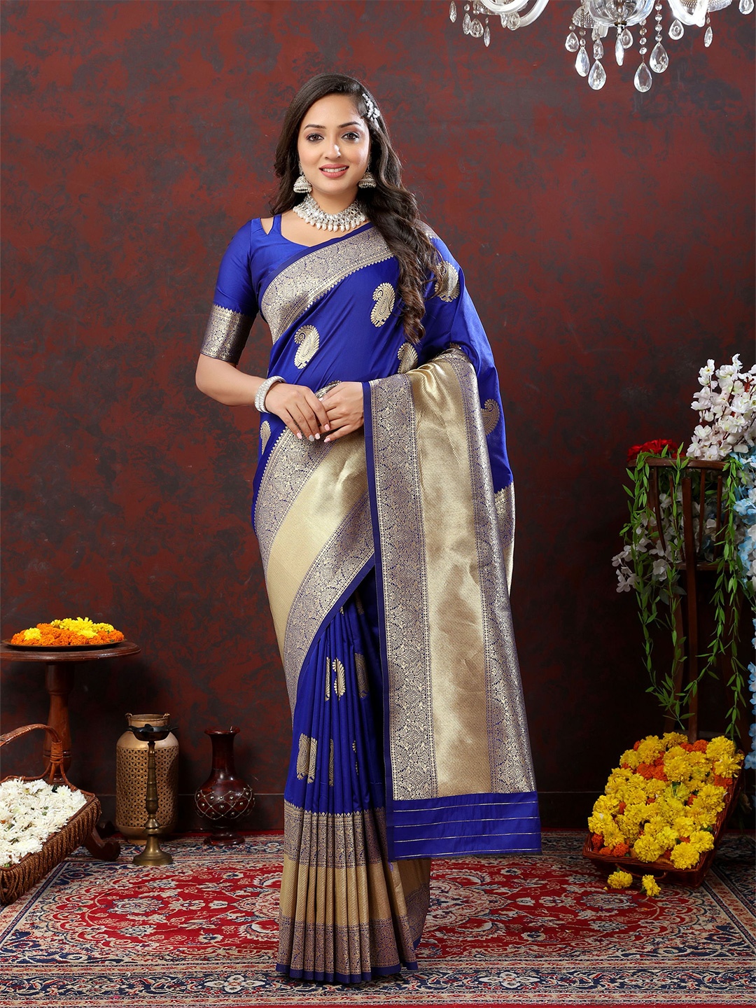 

V3 FASHION STUDIO Ethnic Motifs Woven Design Zari Pure Silk Banarasi Saree, Blue