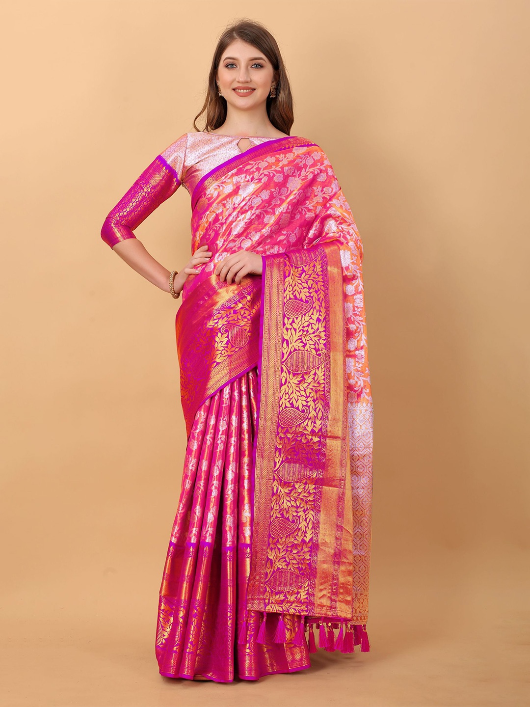 

V3 FASHION STUDIO Floral Woven Design Zari Pure Silk Banarasi Saree, Pink