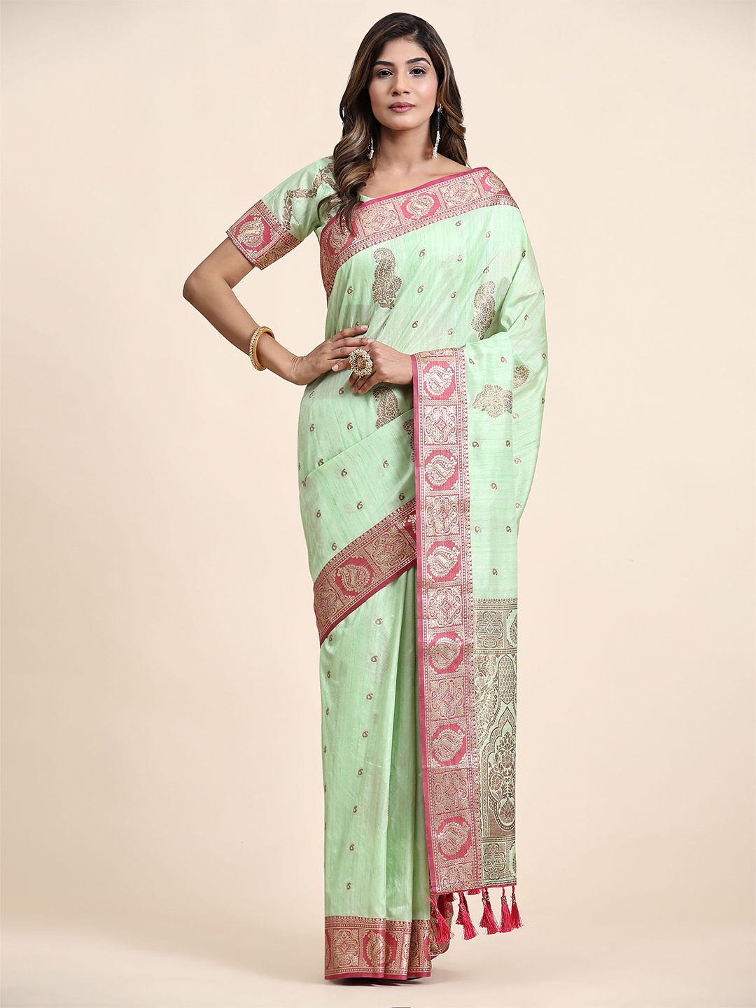 

V3 FASHION STUDIO Ethnic Motifs Woven Design Zari Pure Silk Banarasi Saree, Green