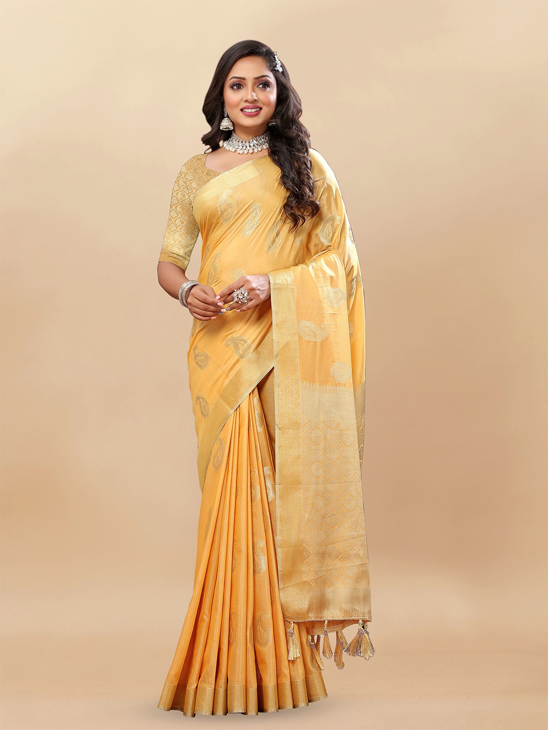 

V3 FASHION STUDIO Ethnic Motifs Zari Pure Silk Banarasi Saree, Orange