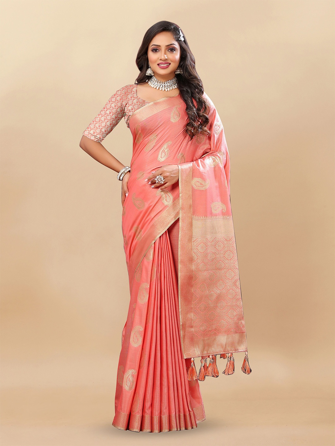 

V3 FASHION STUDIO Ethnic Motifs Zari Pure Silk Banarasi Saree, Pink