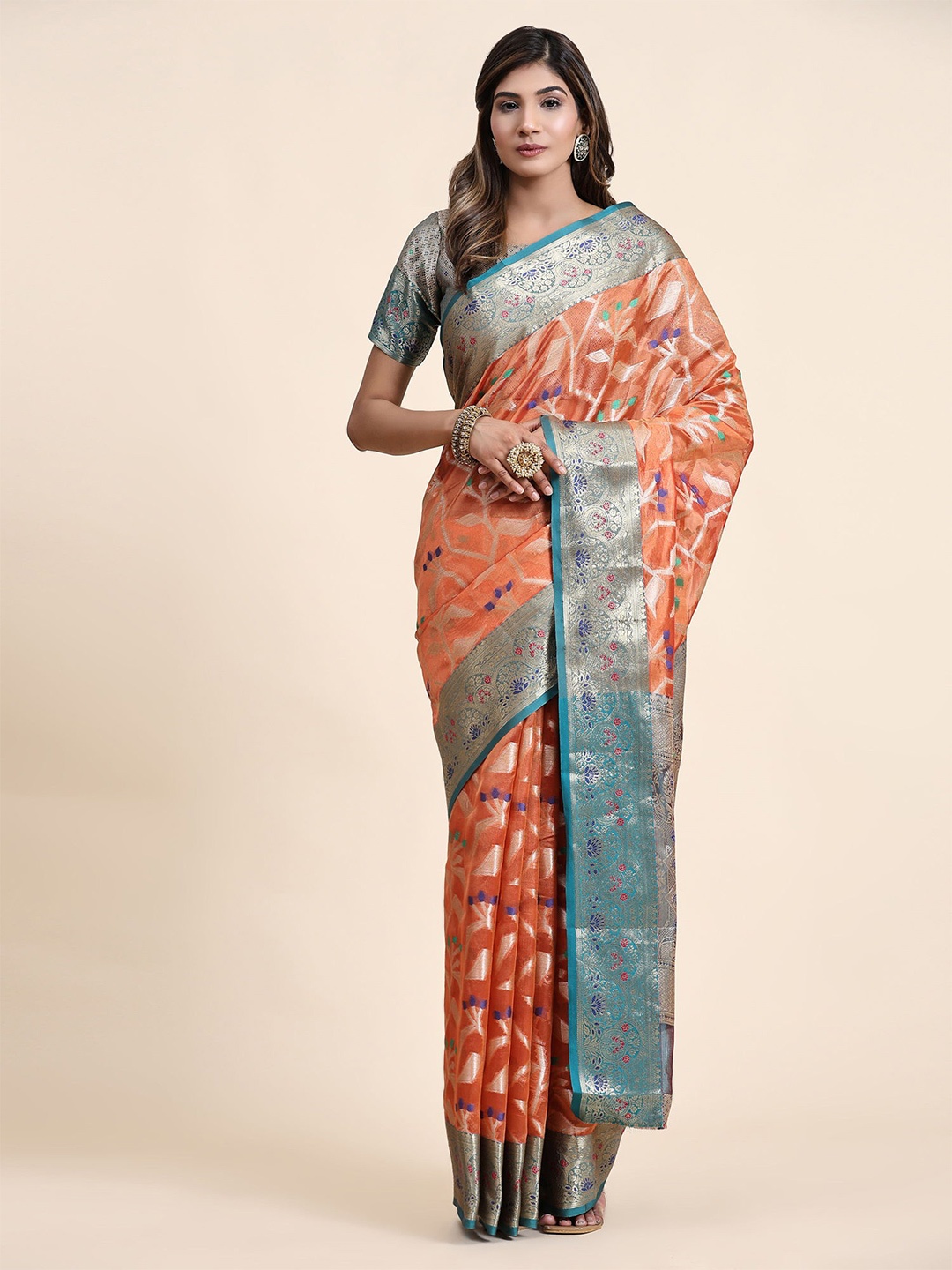 

V3 FASHION STUDIO Ethnic Motifs Zari Organza Banarasi Saree, Orange