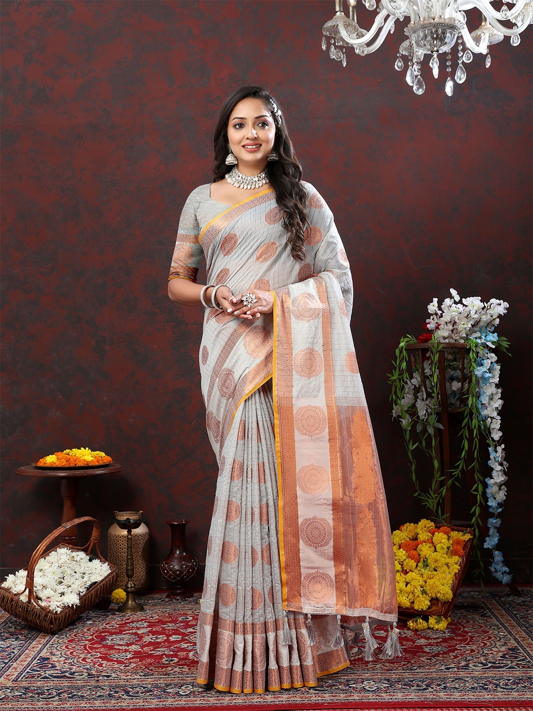 

V3 FASHION STUDIO Ethnic Motifs Zari Pure Silk Jamdani Saree, Grey