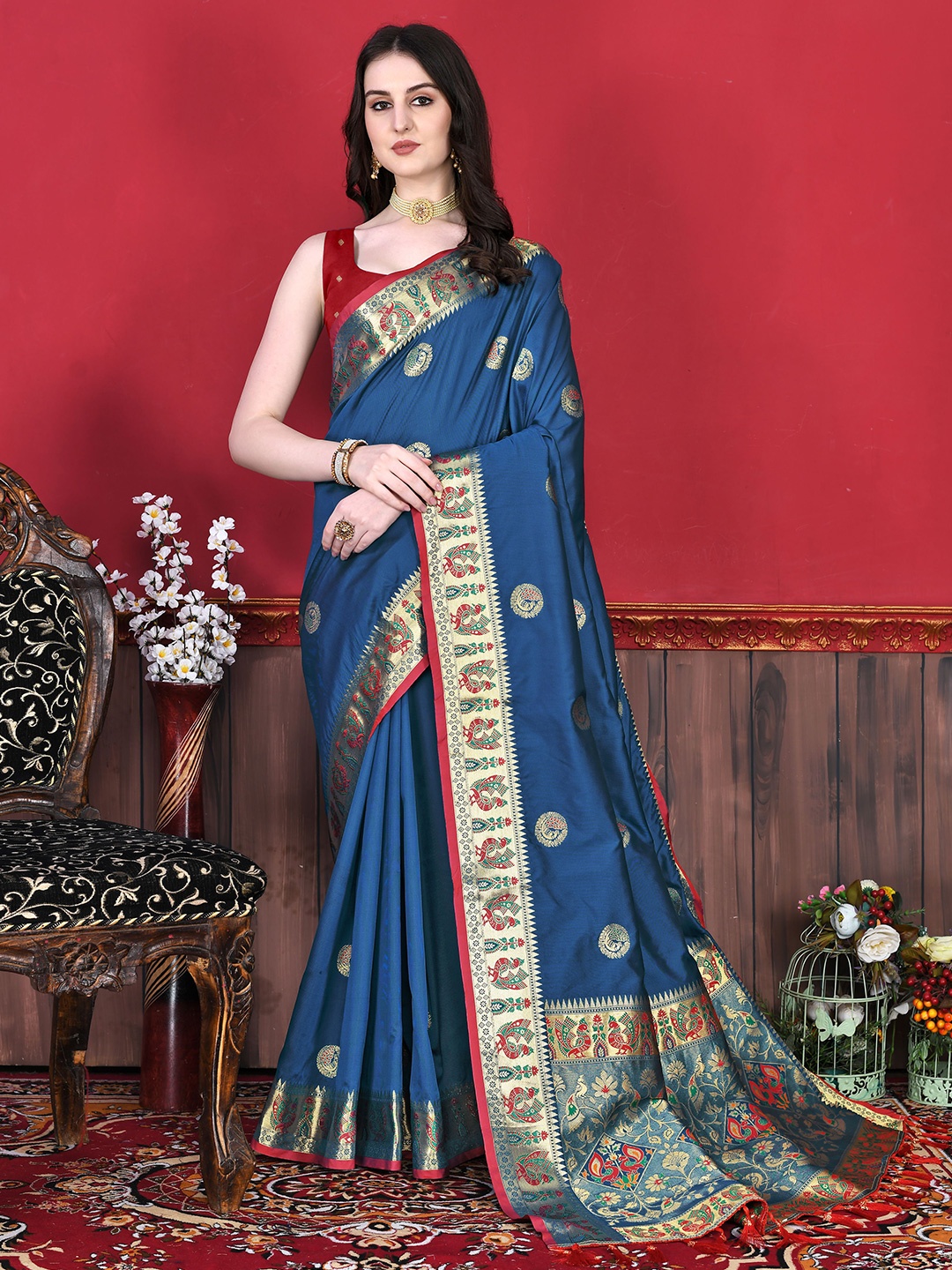 

V3 FASHION STUDIO Ethnic Motifs Zari Pure Silk Paithani Saree, Blue