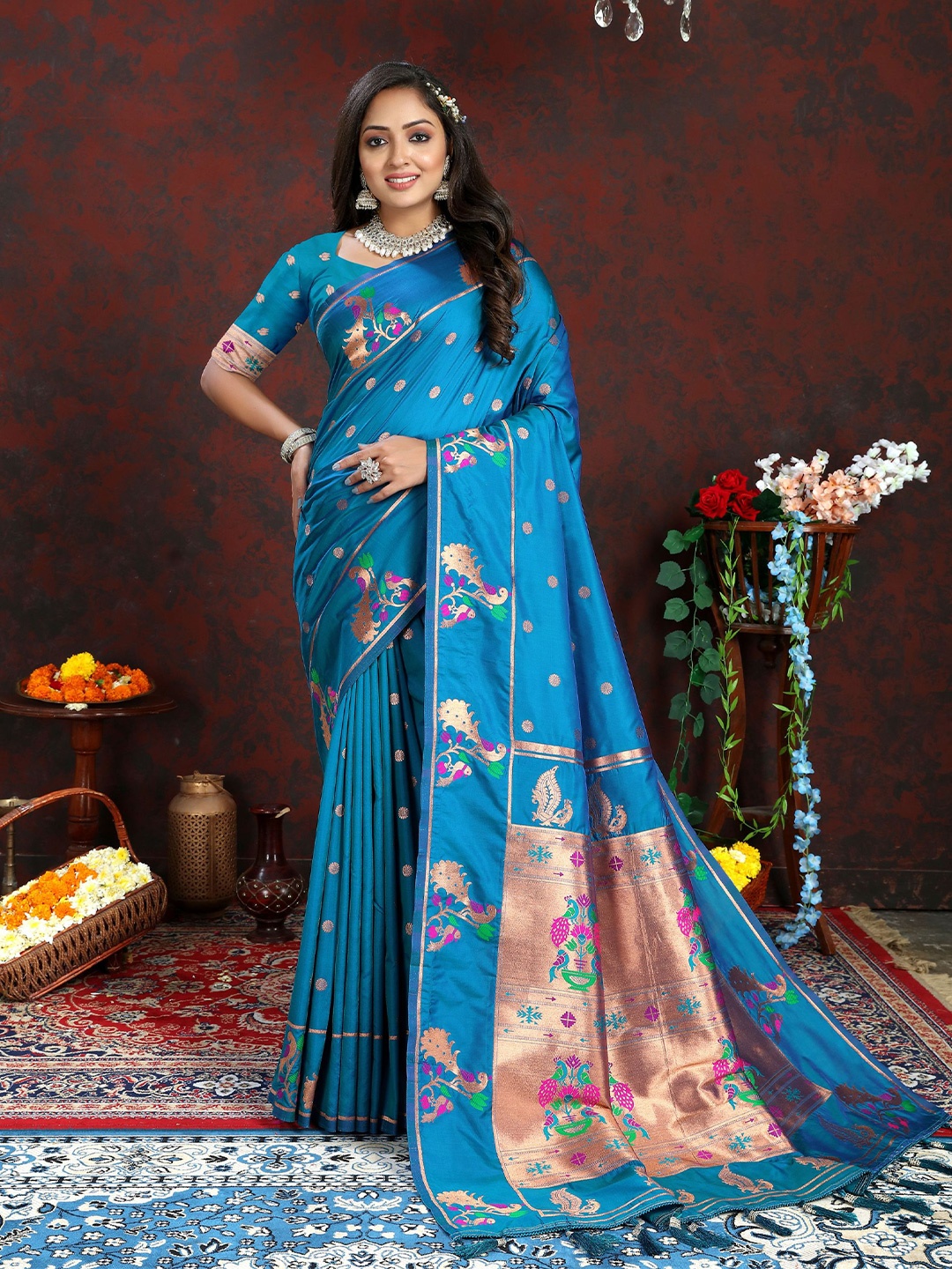 

V3 FASHION STUDIO Ethnic Motifs Zari Pure Silk Paithani Saree, Blue