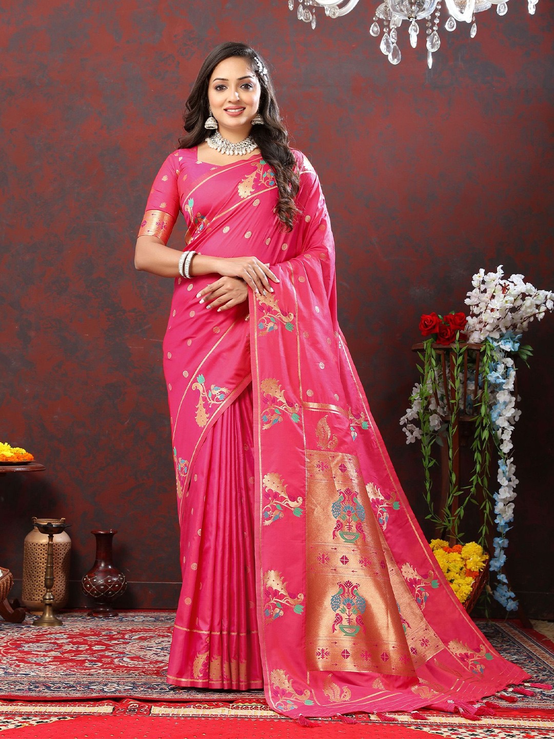 

V3 FASHION STUDIO Ethnic Motifs Zari Pure Silk Paithani Saree, Pink