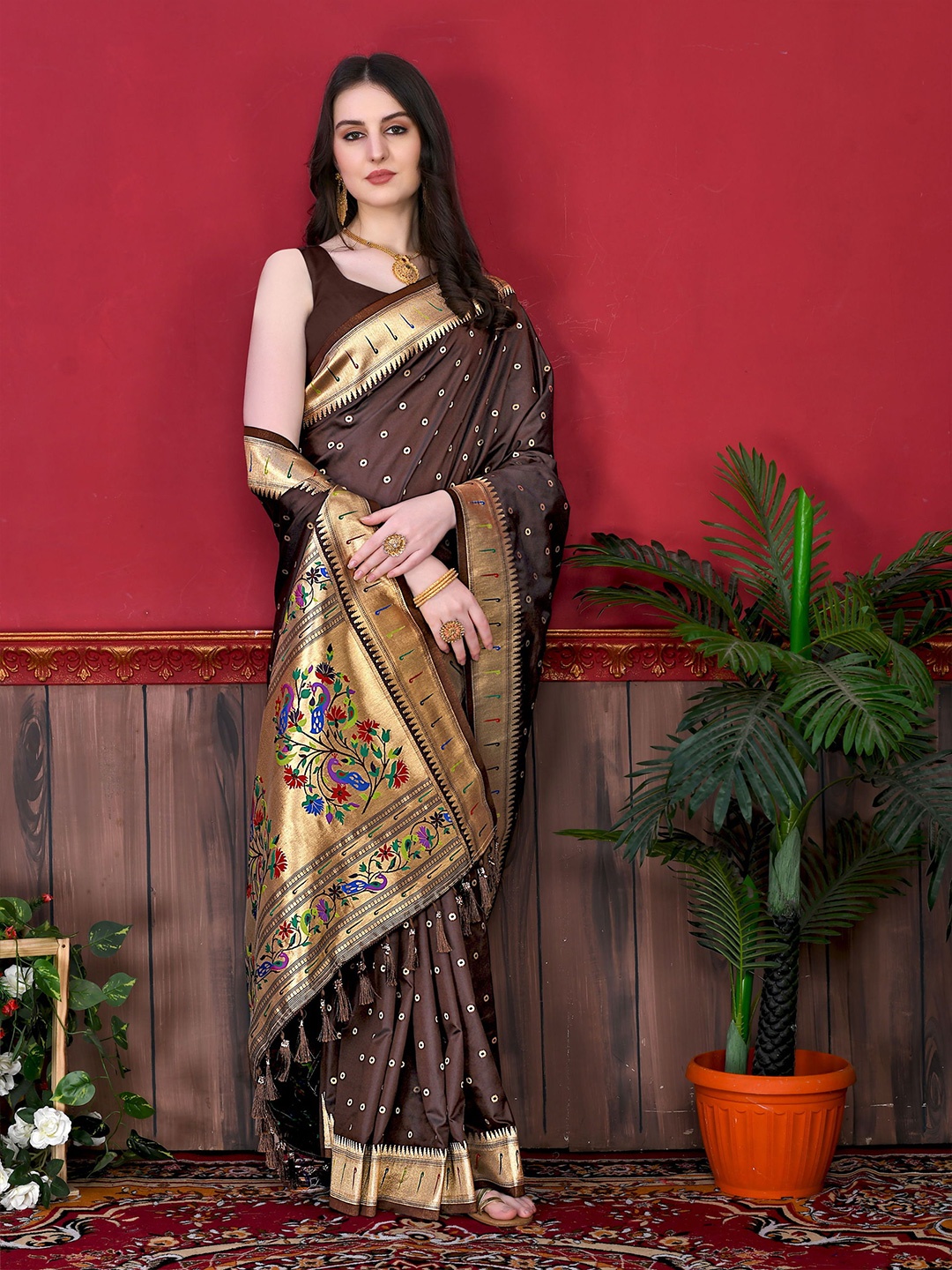 

V3 FASHION STUDIO Ethnic Motifs Woven Design Zari Pure Silk Paithani Saree, Brown