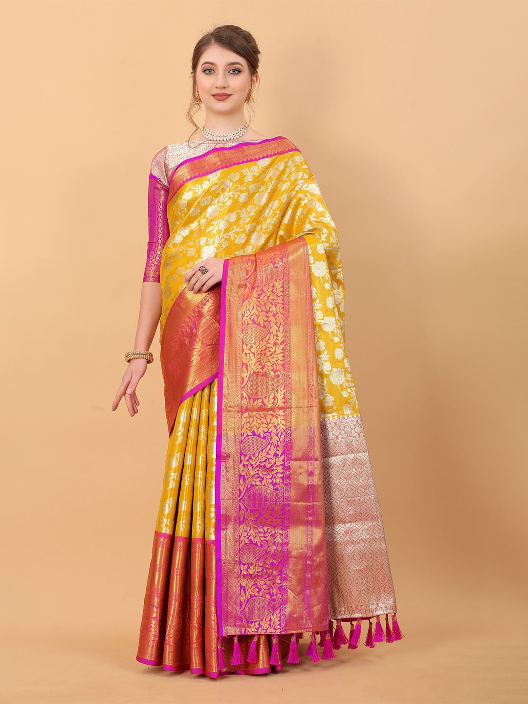 

V3 FASHION STUDIO Ethnic Motifs Zari Pure Silk Banarasi Saree, Yellow