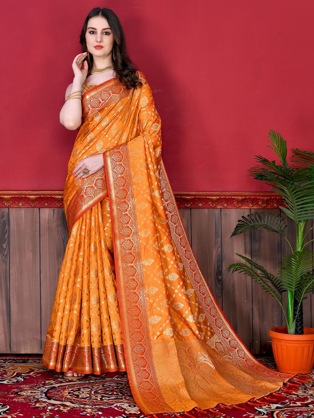

V3 FASHION STUDIO Ethnic Motifs Zari Pure Silk Patola Saree, Orange
