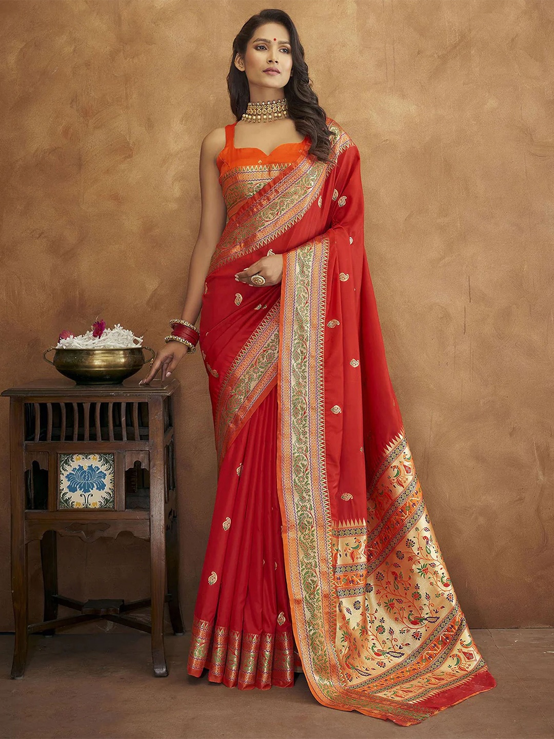 

V3 FASHION STUDIO Ethnic Motifs Woven Design Zari Pure Silk Paithani Saree, Red