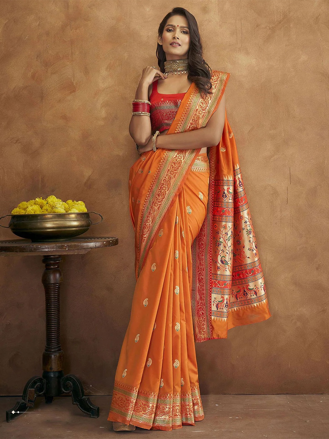 

V3 FASHION STUDIO Ethnic Motifs Zari Pure Silk Paithani Saree, Orange