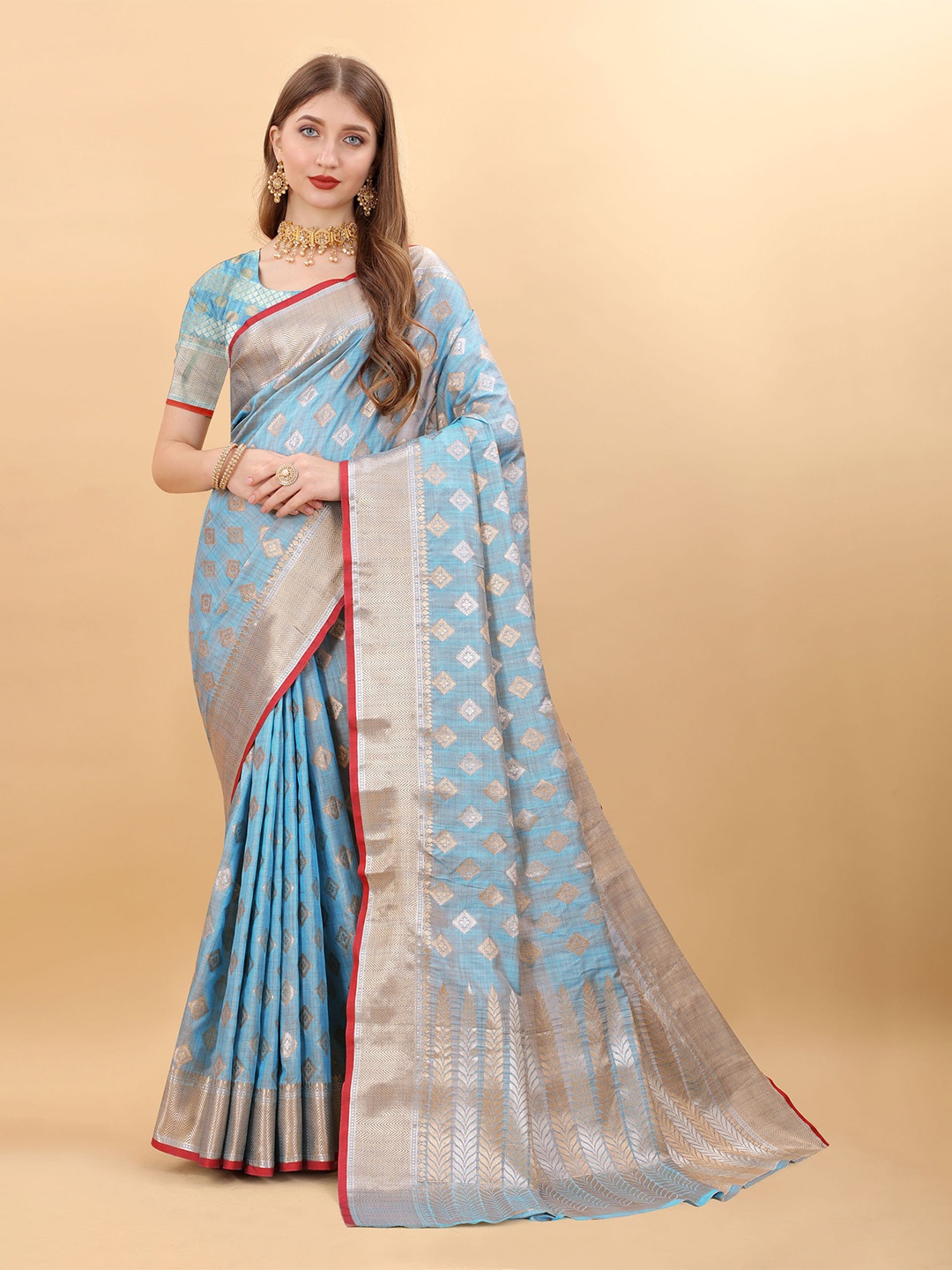 

V3 FASHION STUDIO Ethnic Motifs Woven Design Zari Pure Silk Banarasi Saree, Blue