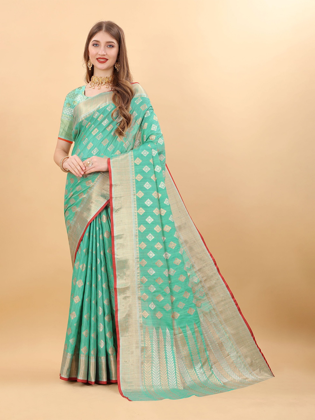 

V3 FASHION STUDIO Ethnic Motifs Zari Pure Silk Banarasi Saree, Turquoise blue