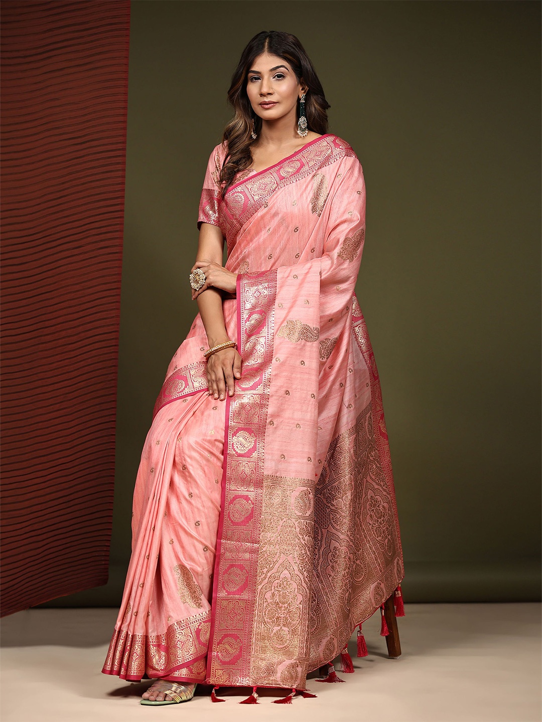 

V3 FASHION STUDIO Ethnic Motifs Zari Pure Silk Banarasi Saree, Pink