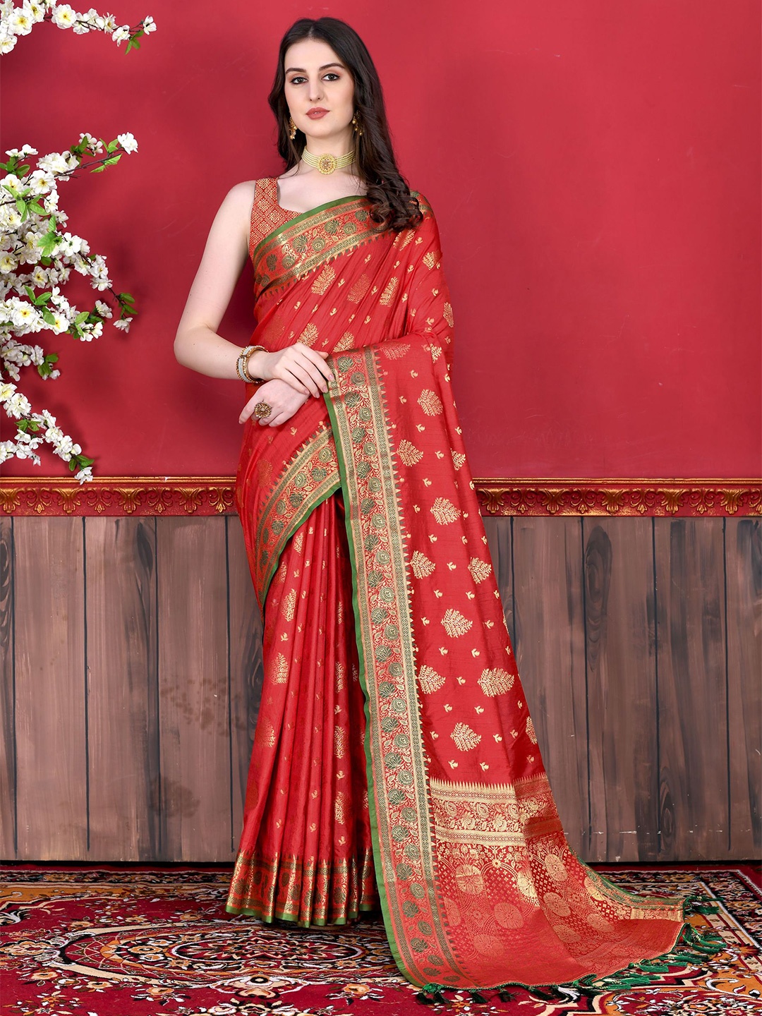 

V3 FASHION STUDIO Ethnic Motifs Zari Pure Silk Banarasi Saree, Red