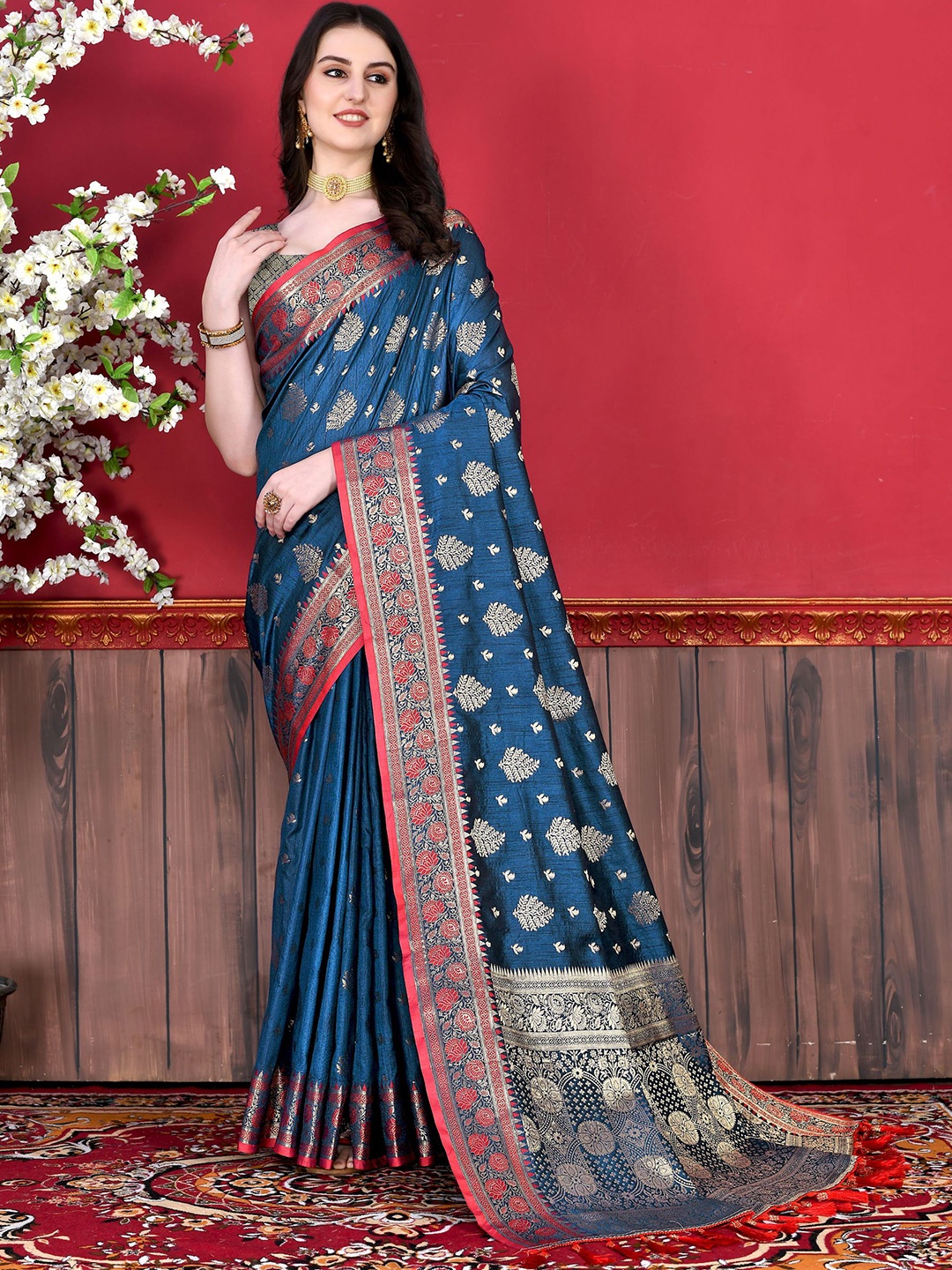 

V3 FASHION STUDIO Ethnic Motifs Woven Design Zari Pure Silk Banarasi Saree, Navy blue