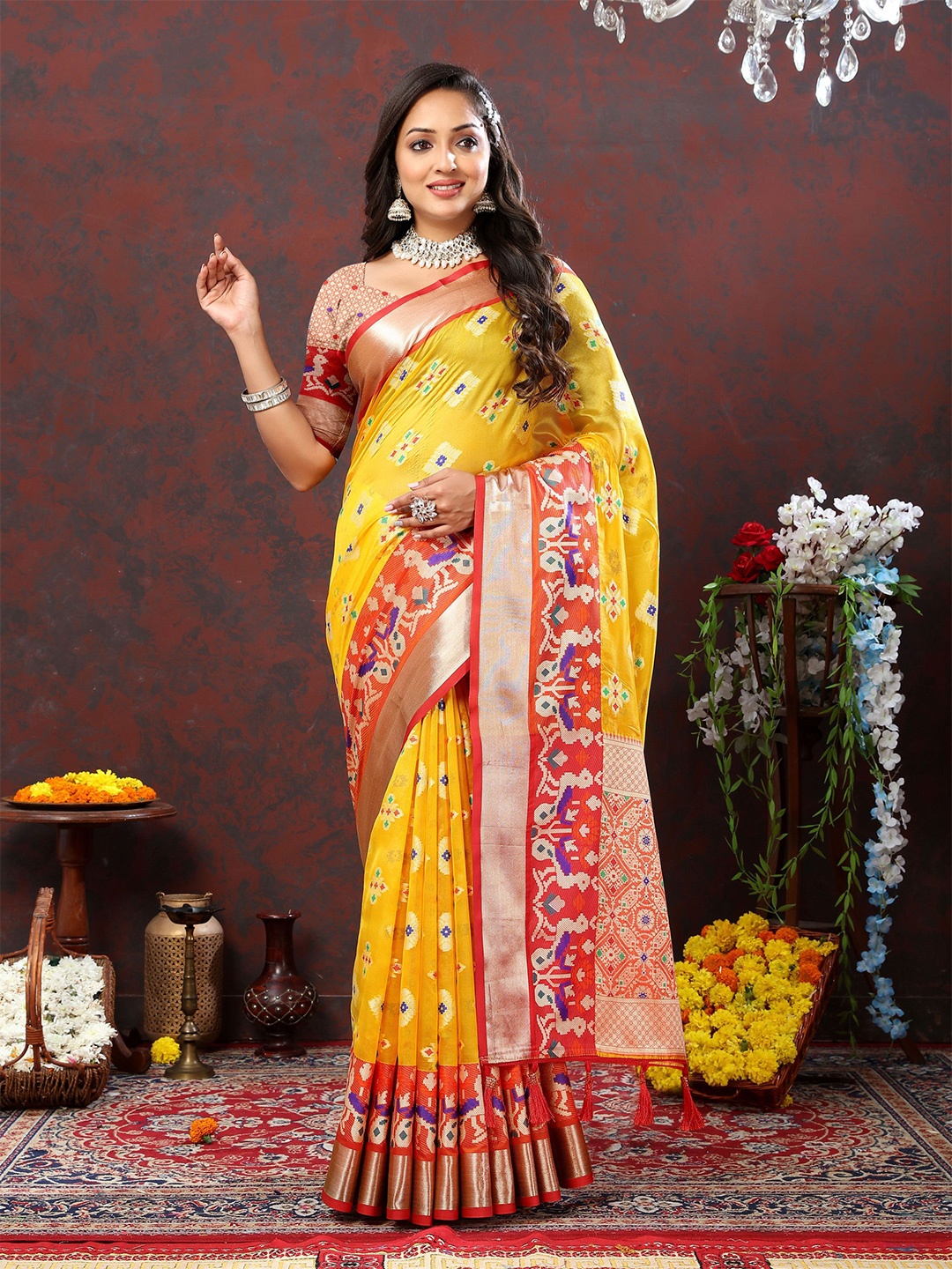 

V3 FASHION STUDIO Ethnic Motifs Woven Design Zari Organza Patola Saree, Yellow