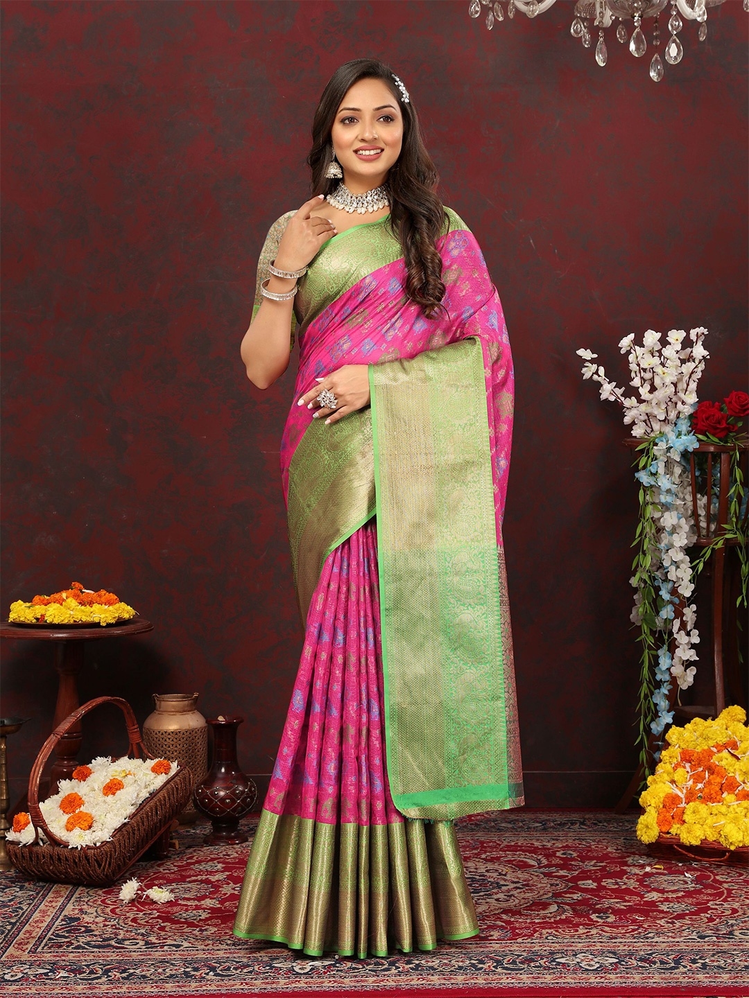 

V3 FASHION STUDIO Ethnic Motifs Zari Pure Cotton Patola Saree, Pink