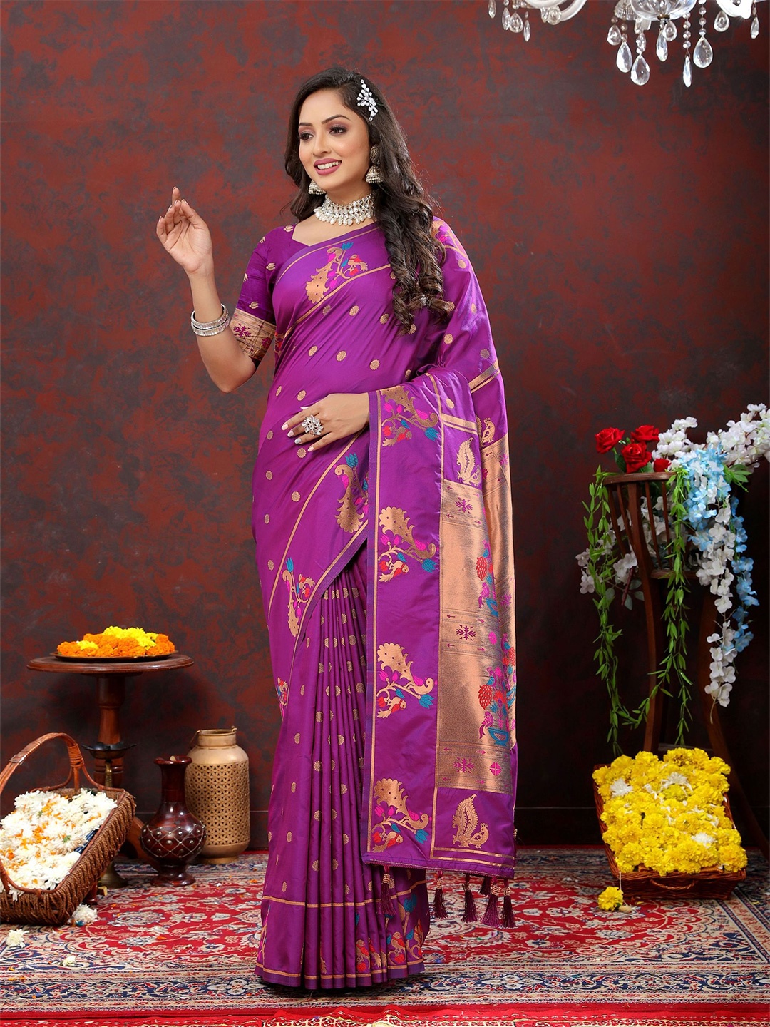 

V3 FASHION STUDIO Ethnic Motifs Woven Design Zari Pure Silk Paithani Saree, Purple