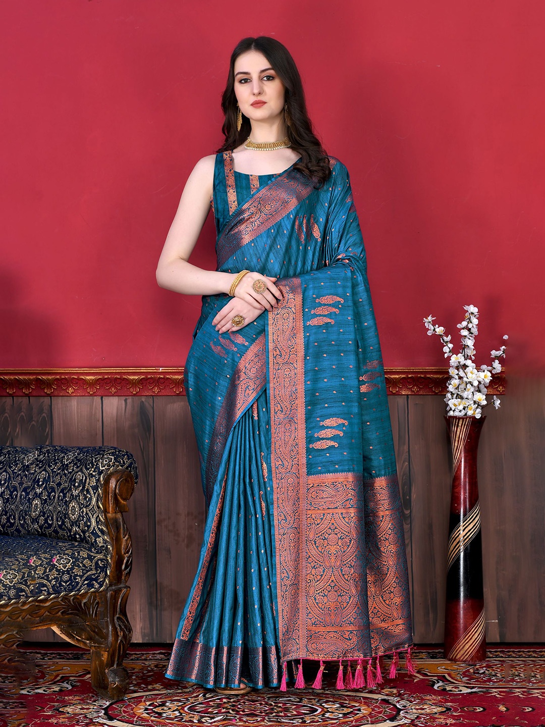 

V3 FASHION STUDIO Ethnic Motifs Woven Design Zari Pure Silk Banarasi Saree, Blue