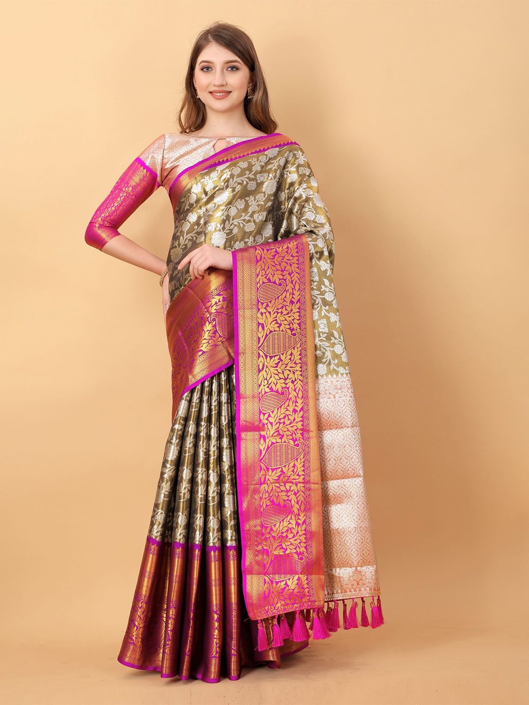 

V3 FASHION STUDIO Floral Woven Design Zari Pure Silk Banarasi Saree, Brown