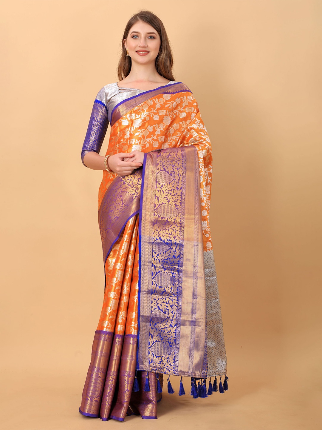 

V3 FASHION STUDIO Ethnic Motifs Zari Pure Silk Banarasi Saree, Orange