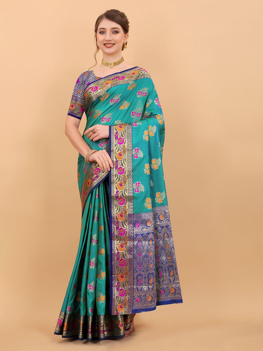 

V3 FASHION STUDIO Ethnic Motifs Woven Design Zari Pure Silk Banarasi Saree, Blue