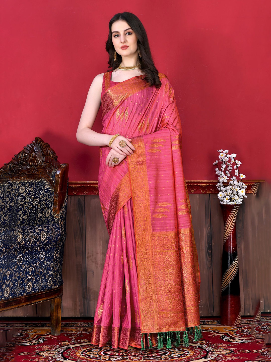 

V3 FASHION STUDIO Ethnic Motifs Woven Design Zari Pure Silk Banarasi Saree, Pink