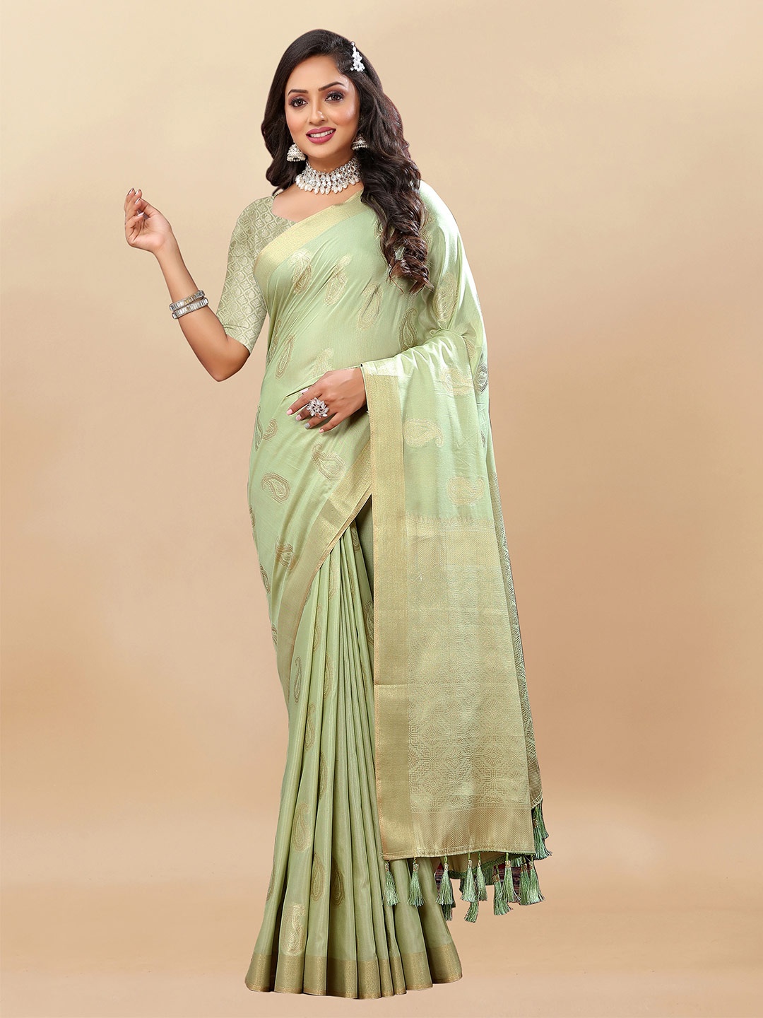 

V3 FASHION STUDIO Ethnic Motifs Woven Design Zari Pure Silk Banarasi Saree, Green