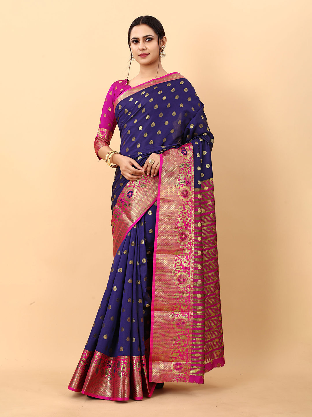 

V3 FASHION STUDIO Floral Zari Pure Silk Banarasi Saree, Blue