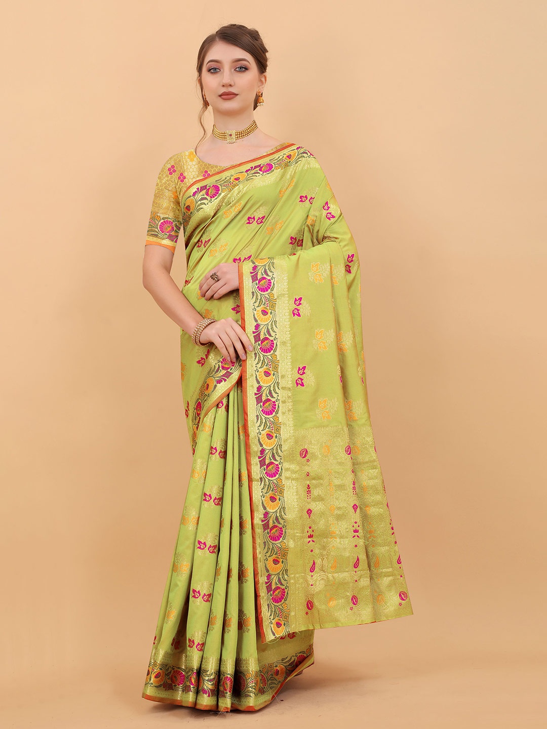 

V3 FASHION STUDIO Ethnic Motifs Zari Pure Silk Banarasi Saree, Green