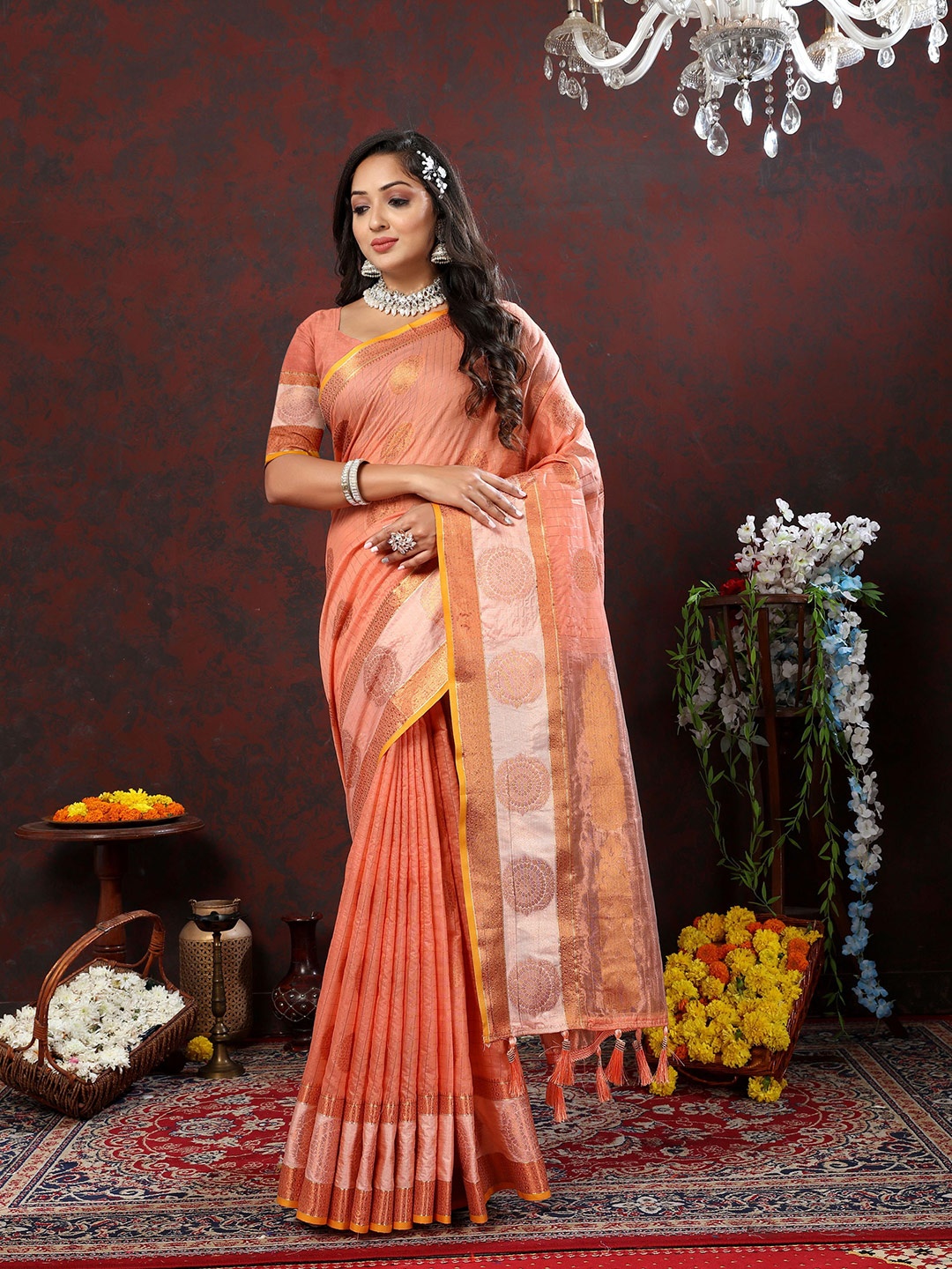 

V3 FASHION STUDIO Ethnic Motifs Zari Pure Silk Jamdani Saree, Peach