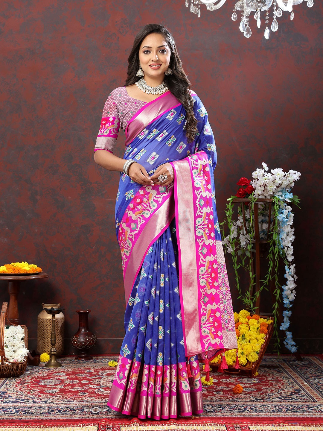 

V3 FASHION STUDIO Ethnic Motifs Zari Organza Patola Saree, Navy blue