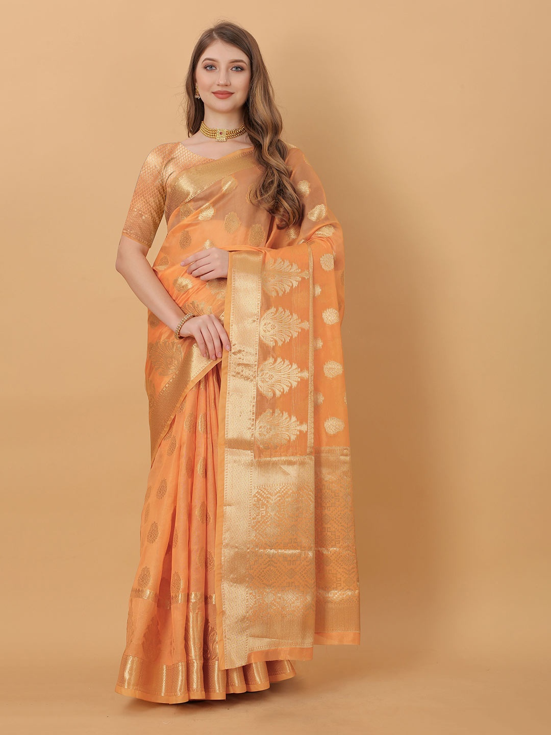 

V3 FASHION STUDIO Ethnic Motifs Zari Organza Jamdani Saree, Orange