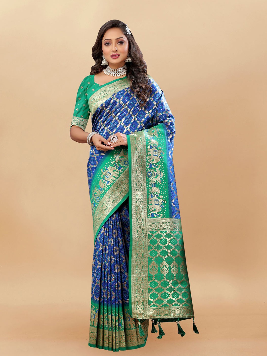 

V3 FASHION STUDIO Ethnic Motifs Woven Design Zari Pure Silk Patola Saree, Blue