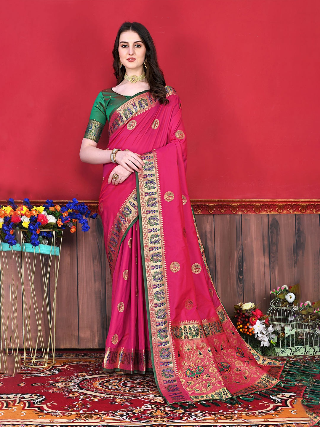 

V3 FASHION STUDIO Ethnic Motifs Zari Pure Silk Paithani Saree, Pink