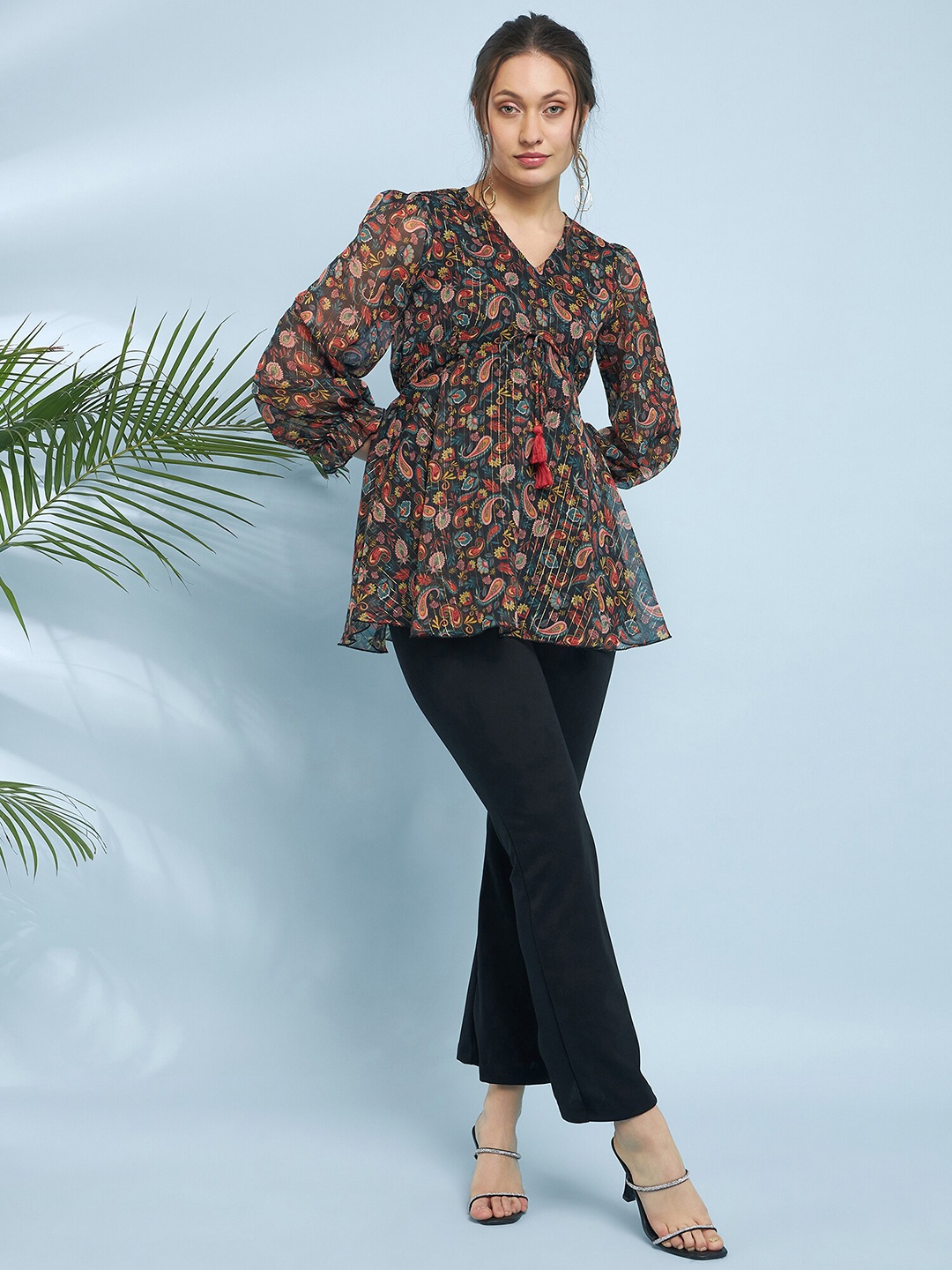 

Antheaa Ethnic Motifs Printed Top With Trousers, Black