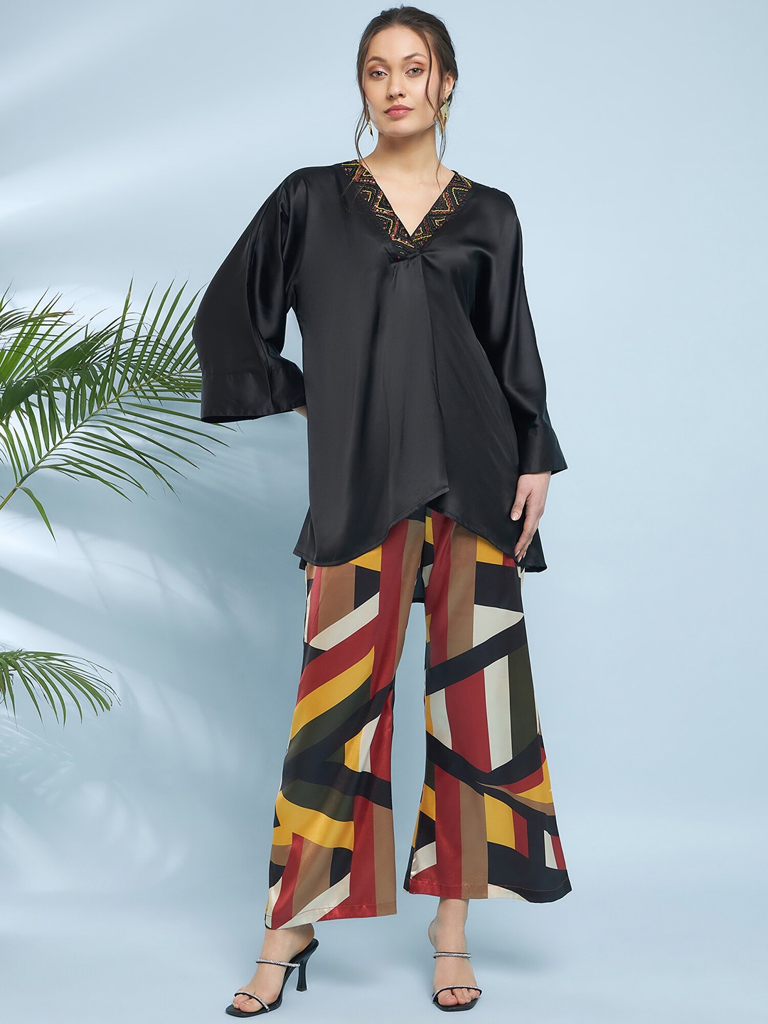 

Antheaa Embellished Satin Top With Trousers, Black
