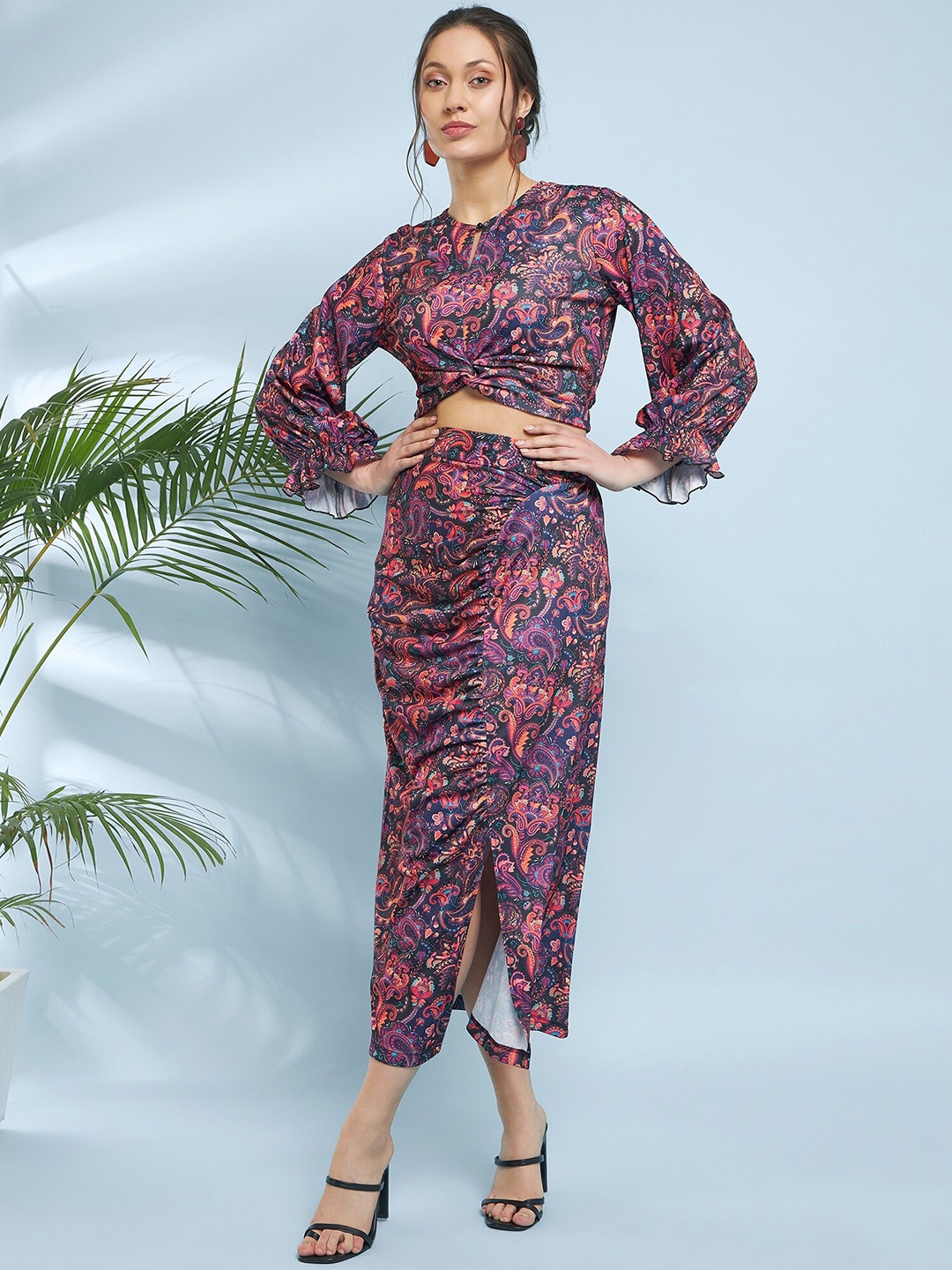 Antheaa Paisley Printed Top & Skirt, Navy blue
