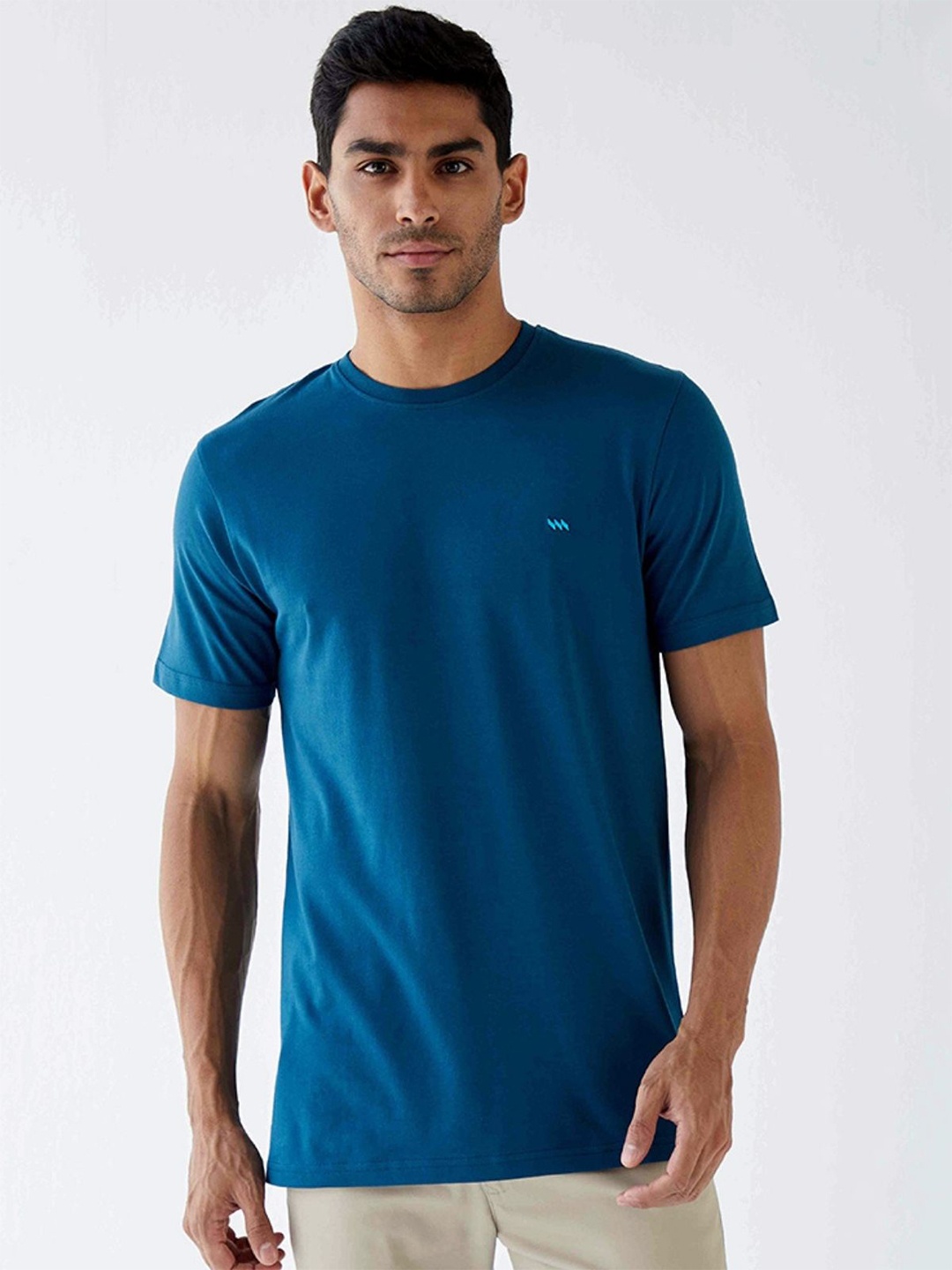 

MODERN CREW Round Neck Cotton Lounge Tshirt, Turquoise blue