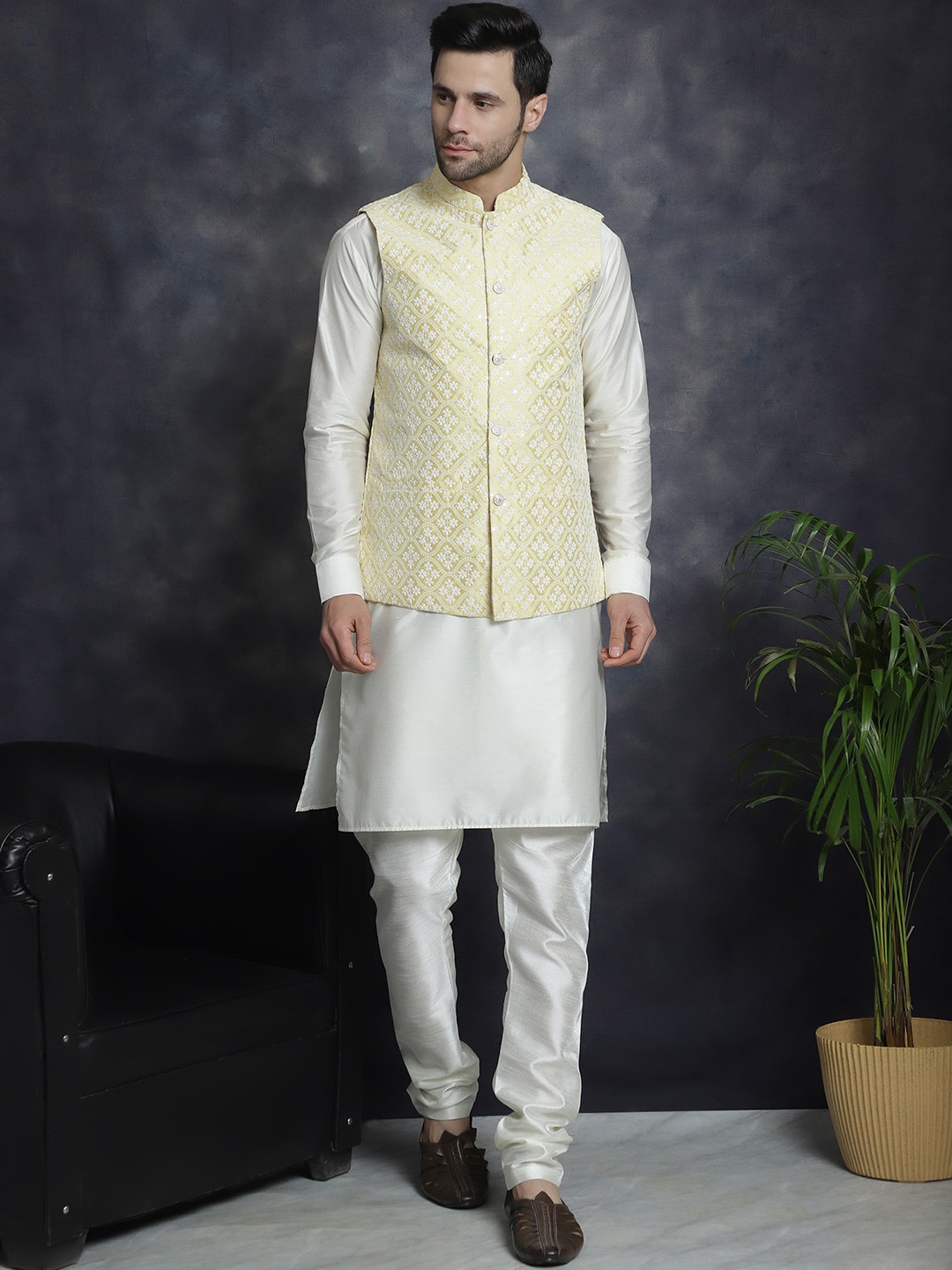 

Anouk Embroidered Mandarin Collar Long Sleeves Sequinned Kurta with Churidar & Jacket, White