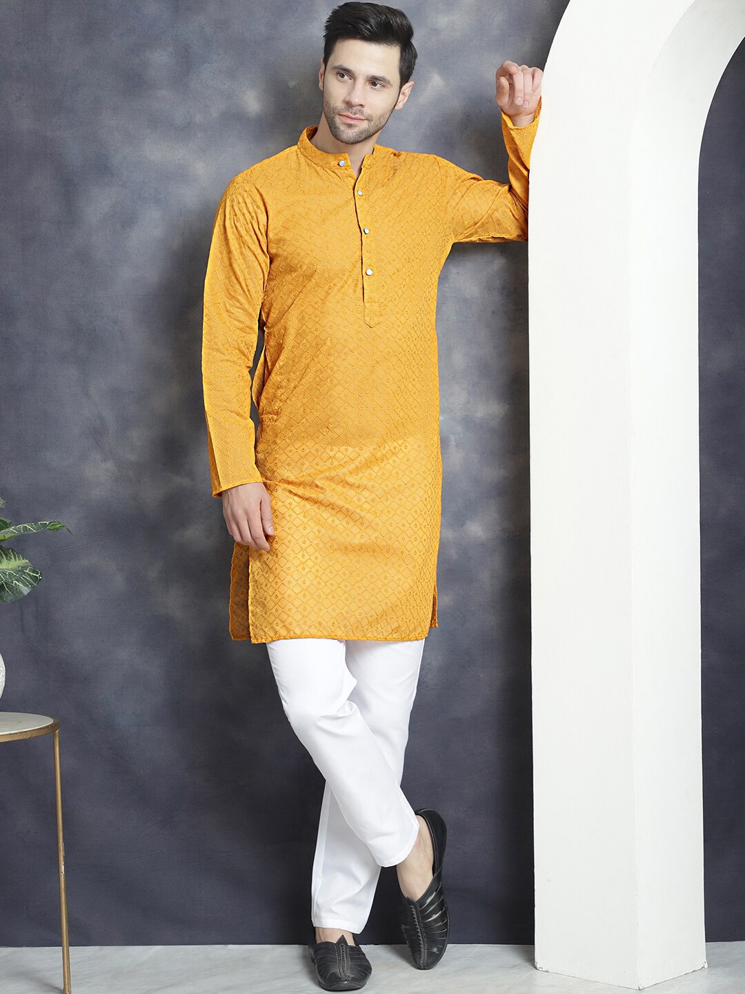 

Anouk Ethnic Motifs Embroidered Regular Thread Work Pure Cotton Kurta with Pyjamas, Mustard