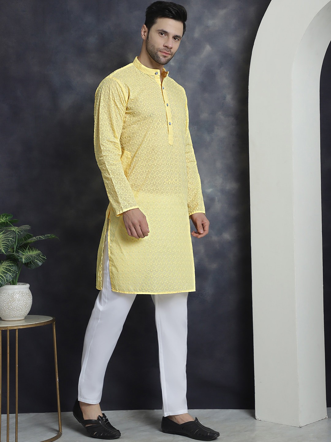 

Anouk Yellow Ethnic Motifs Embroidered Straight Thread Work Pure Cotton Kurta With Pyjama