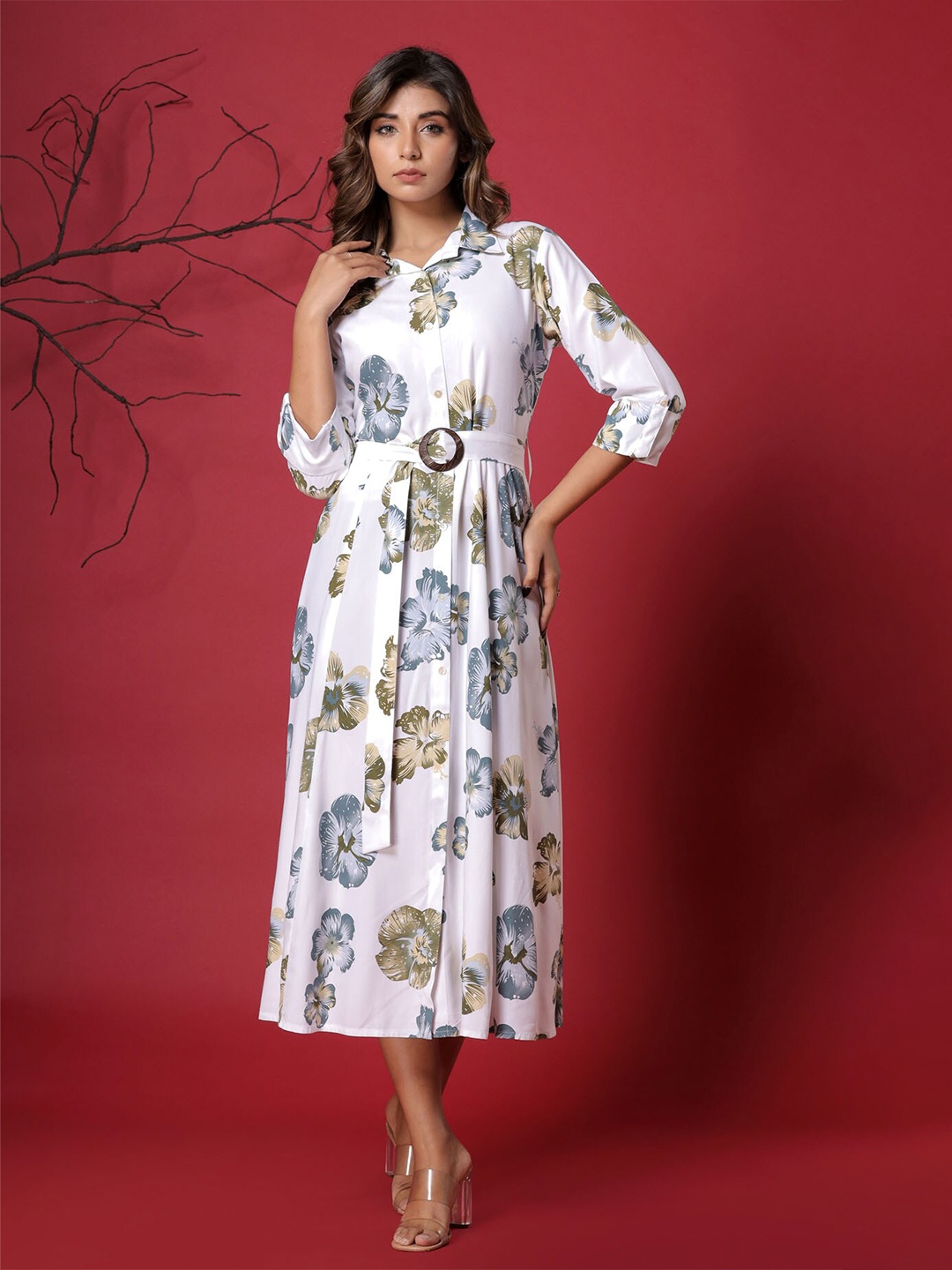 

FASHION DWAR Floral Print Shirt Collar Applique A-Line Midi Dress, White