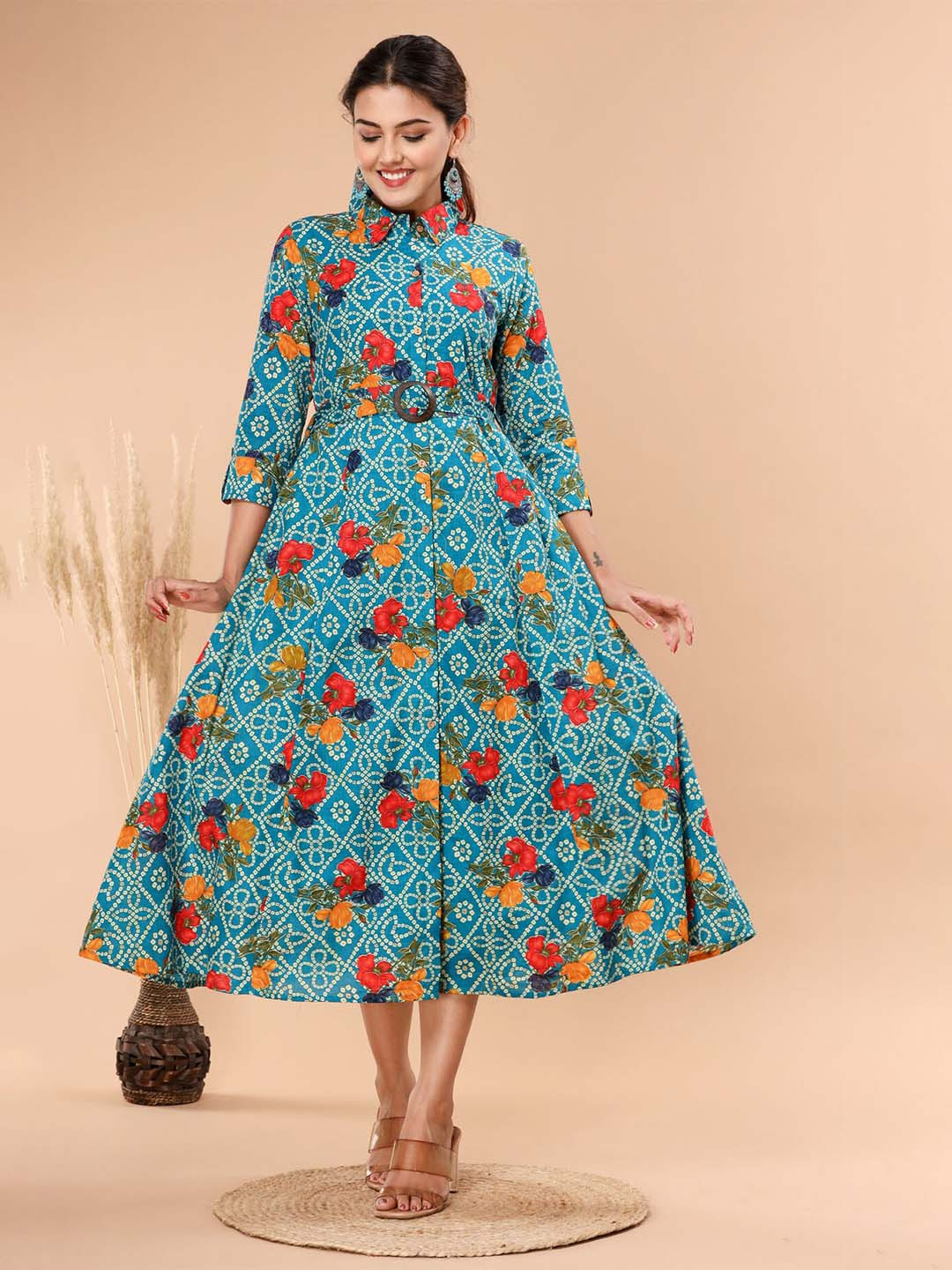 

FASHION DWAR Floral Printed Shirt Collar Georgette A-Line Midi Dress, Blue