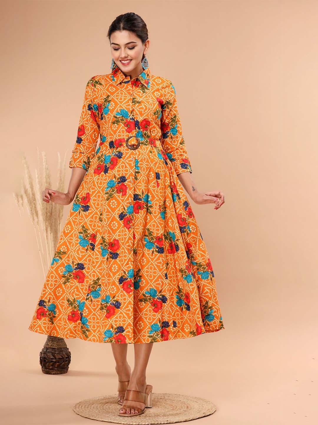 

FASHION DWAR Floral Printed Fit & Flare Midi Dress, Yellow