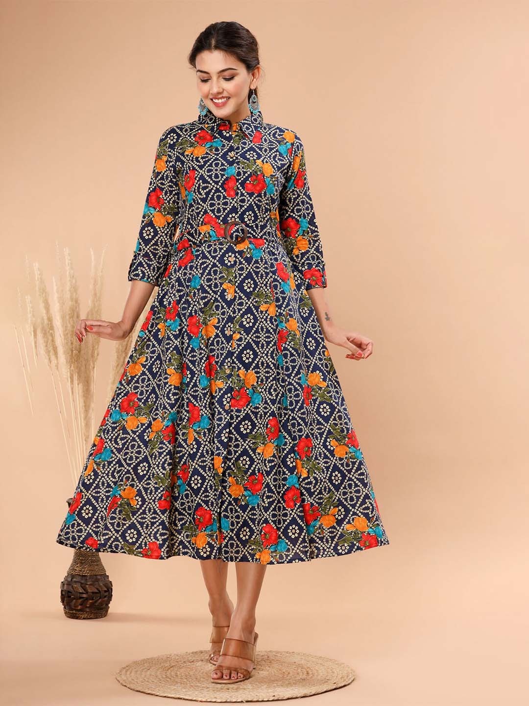 

FASHION DWAR Floral Printed Shirt Collar Georgette A-Line Midi Dress, Navy blue