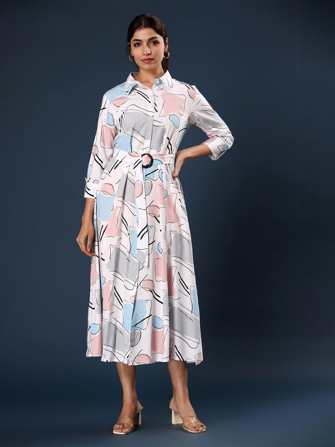 

FASHION DWAR Abstract Print Shirt Collar Applique Shirt Midi Dress, White