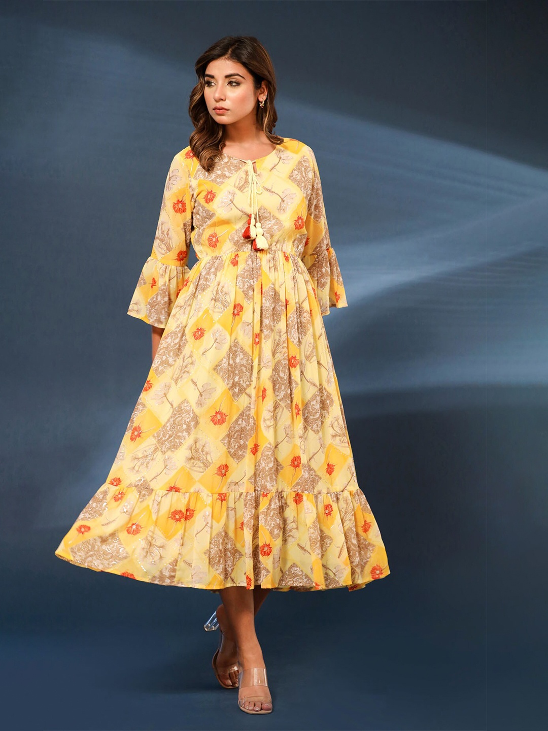 

FASHION DWAR Floral Print Tie-Up Neck Bell Sleeve Applique Georgette Fit & Flare Dress, Yellow