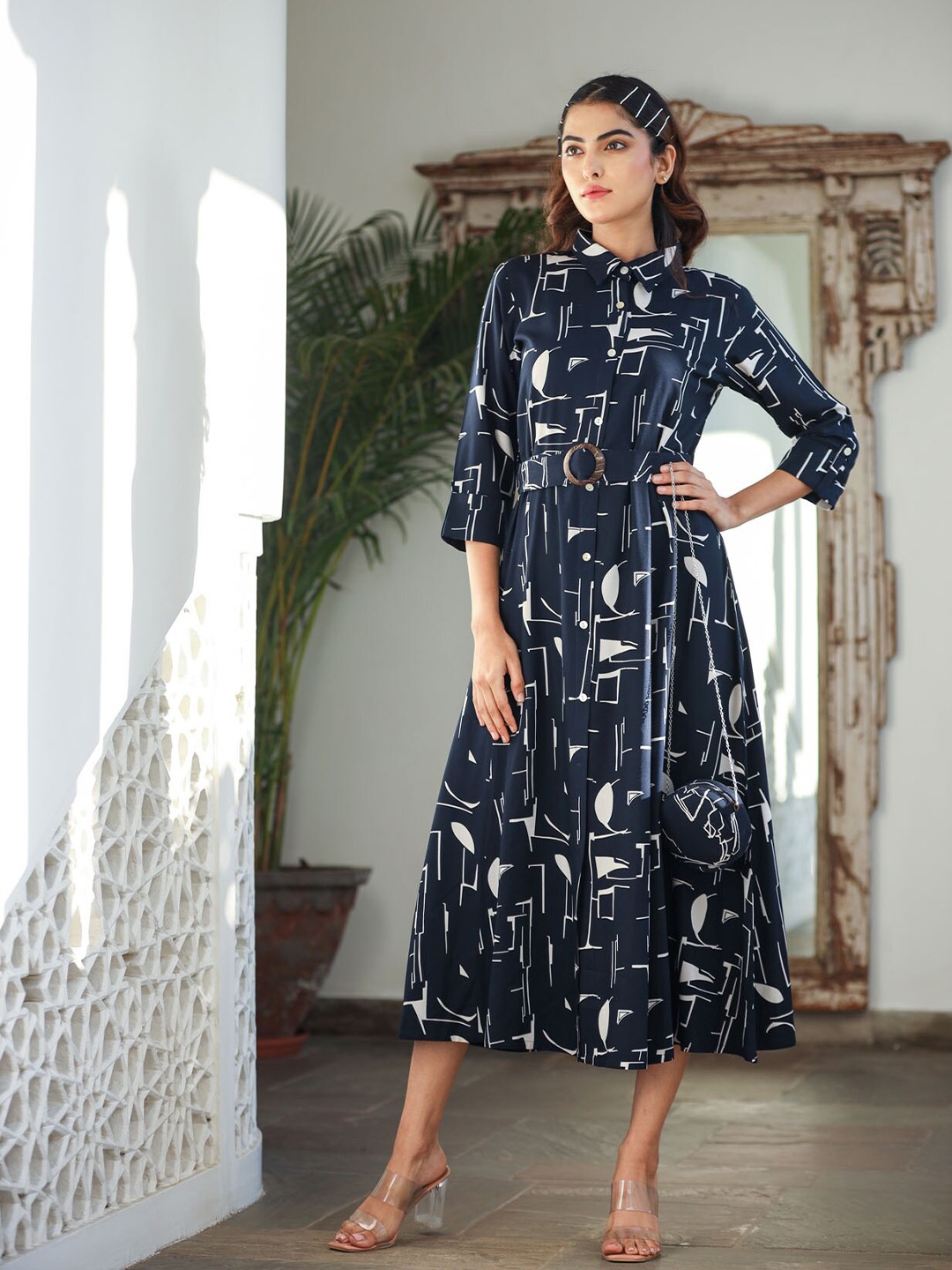 

FASHION DWAR Abstract Printed Mandarin Collar A-Line Midi Dress, Navy blue